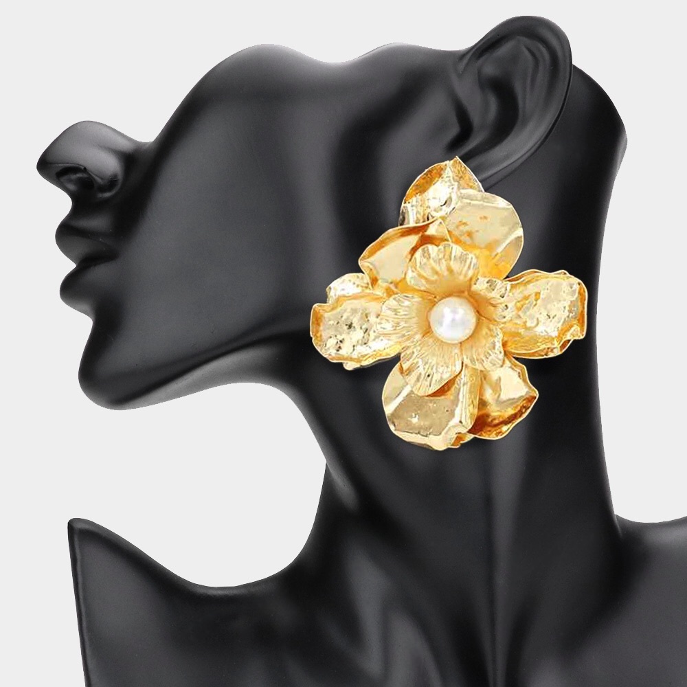 Oversized Gold Metal Flower Pearl Statement Earrings